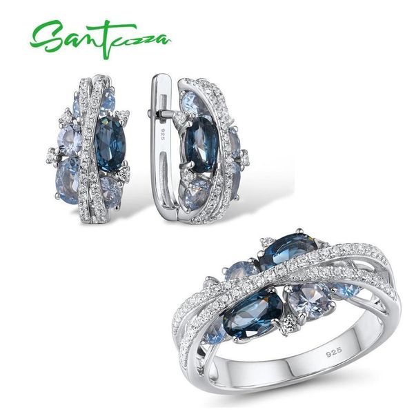 

santuzza genuine 925 silver jewelry set for women sparkling blue spinel earrings ring set delicate luxury party fine jewelry 200923