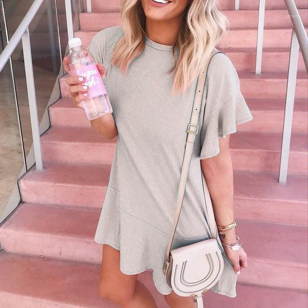 

women's summer new round neck ruffles short-sleeve tshirt dresses mujer 20201, Black;gray