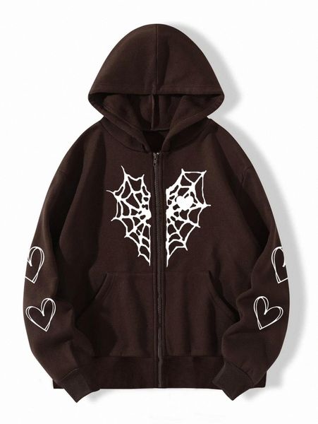 

spider web & heart print zipper thermal hoodie a1ps#, White;black