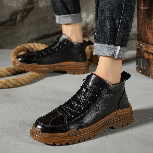 

leather autumn winter men boots outdoor fashion motorcycle boots lace up designer sewing ankle men's shoes footwear1, Black