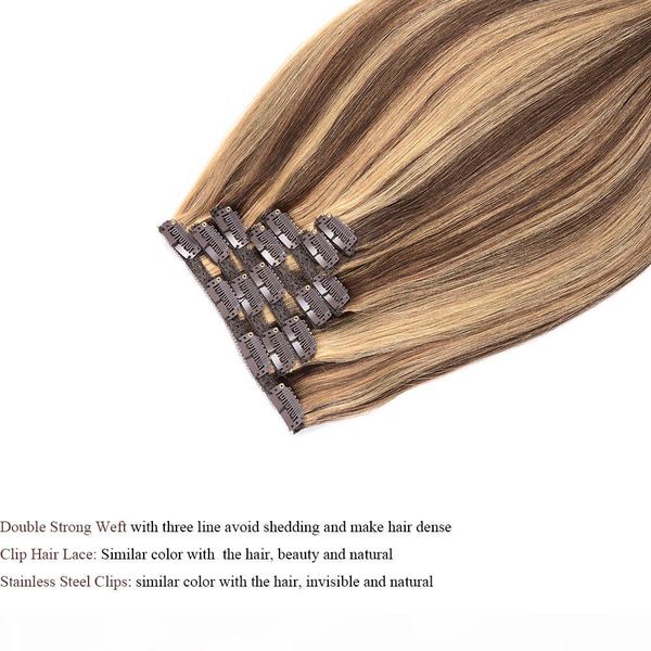 

full head set 120g 7pecs clip in human hair extensions mix color #p8 613 brazilian remy straight human hair 14-28 inches, Black