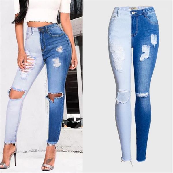 

europe america fashion chic women stretch slim pants hit color casual girl jeans hole high street trousers for female jeans1, Blue