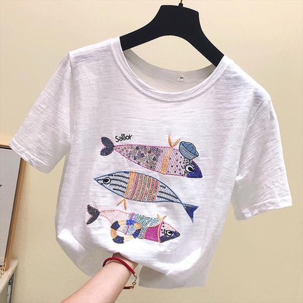 

women summer casual t shirt embroidery sequin purple pink white tshirt cotton short sleeve fish clothes