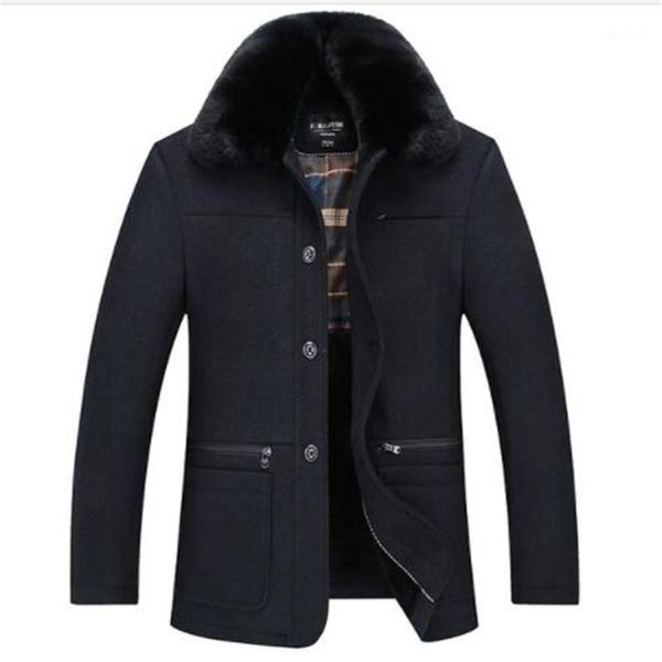 

men's wool & blends 2021 winter collection blend coat men faux fur turn down collar thickening fleece lining outerwear male jacket plus, Black