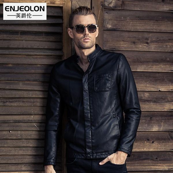 

enjeolon brand motorcycle leather pu jackets men, winter fashion clothing, button stand collar male black casual coats p2371