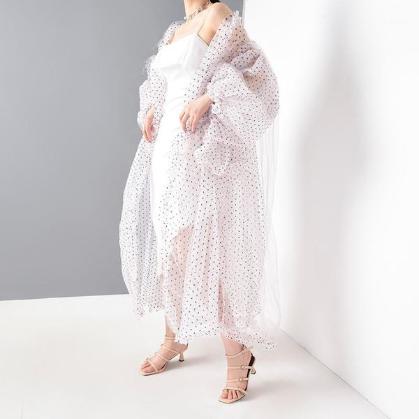 

women dot blouse mesh perspective long big size blouse new long sleeve loose beach party chiffon for lady1, White