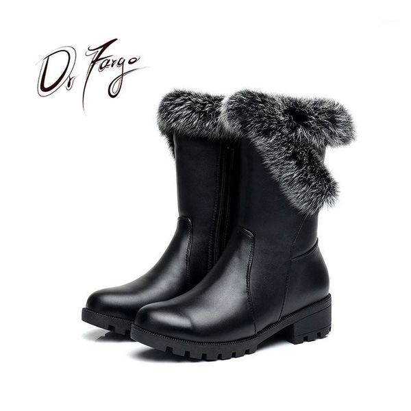 

drfargo fur genuine leather snow boots round toe square heel mid calf zipper boots black shoes femme zapato size35-431
