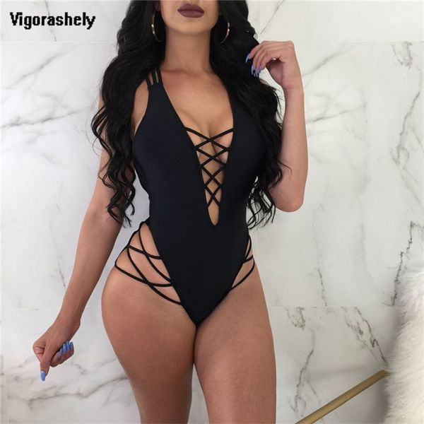 

vigorashely string mesh one piece swimsuit black deep v neck monokini swimwear women brazilian beach bathing suit y200824, White;black