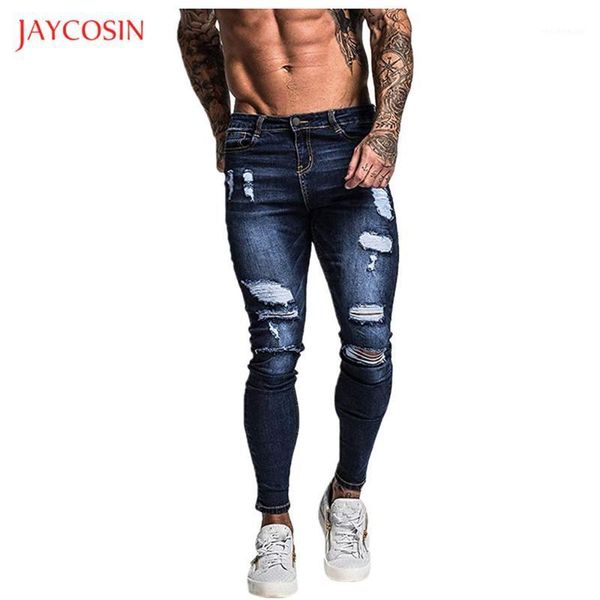 

jaycosin new mens jean pencil pants fashion casual slim fit men stretch feet skinny zipper jeans for male hole trousers1, Blue