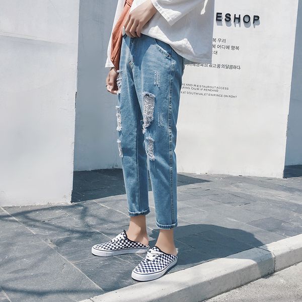 

hole jeans men's spring and summer new korean fashion straight wear wash casual versatile legged pants, Blue