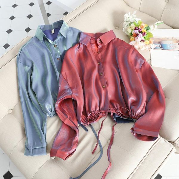 

women turn-down collar bandage strap long sleeve basic cardigan button shirt female short bling silk chiffon outwear blouse 1, White