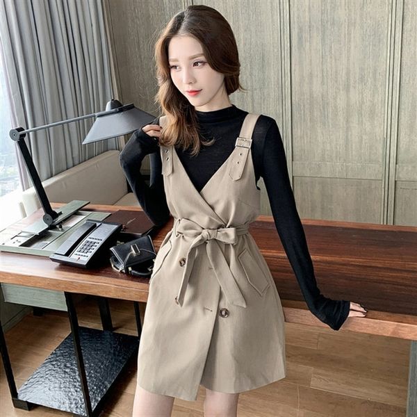 

qqxc6 2019 осень новый корейский нерегулярные черный длинный рукав стиль рубашки база ремень suspender подвязка слинг слинг юбка юбка из дву, Gray