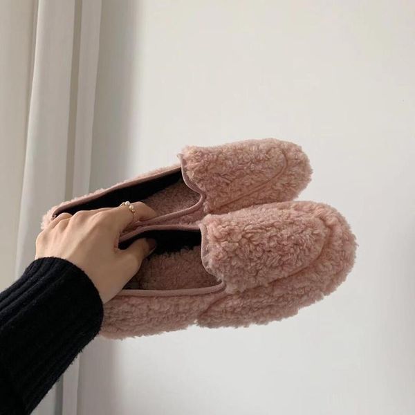 

new women's korean version of lamb's wool one foot cotton ladyboard shoes flat shoes lazy people's wool women, Black