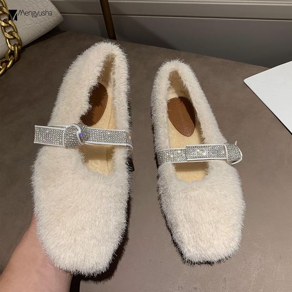 

winter leopard fur shoes for women crystal bow-knot furry flats woman mary janes cozy shearling moccasins warm plush loafers2020, Black