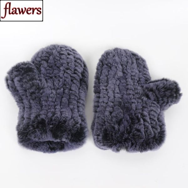 

five fingers gloves 2021 girl natural real rex fur good elastic knitted mittens women, Blue;gray