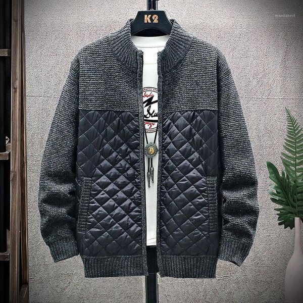

2020 men mandarin collar cotton coat patchwork autumn winter warm thick zipper clothes knitted casual male cardigan pull homme1, White;black