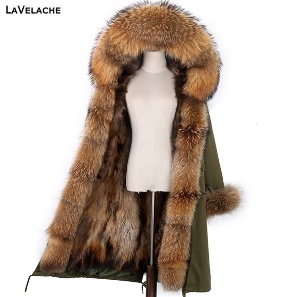 Lavechel X-Long Parka Зимняя куртка Женщины Real Fur Paird Большой натуральный енот Улавная Уличная Одежда Съемная верхняя одежда Новый 201103