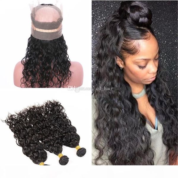

water wave hair 3 bundles with pre plucked 360 lace band frontal wet and wavy hair extension with full lace band frontal, Black