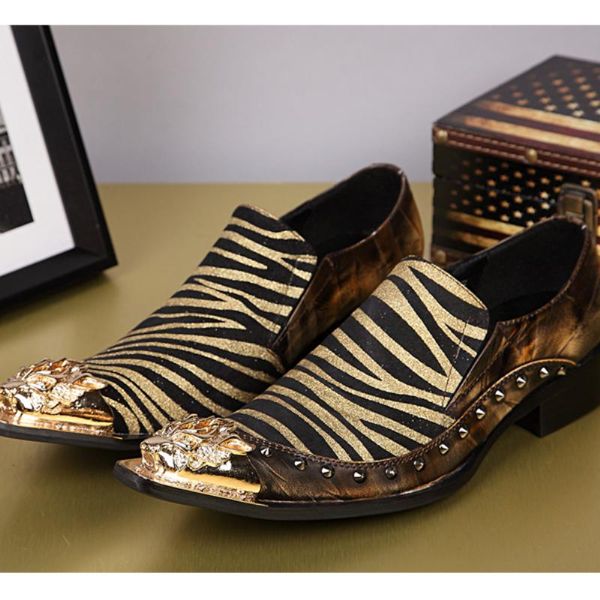 

christia bella high-quality party prom men shoes gold striped men formal leather shoes rivets pointed toe dress large size, Black