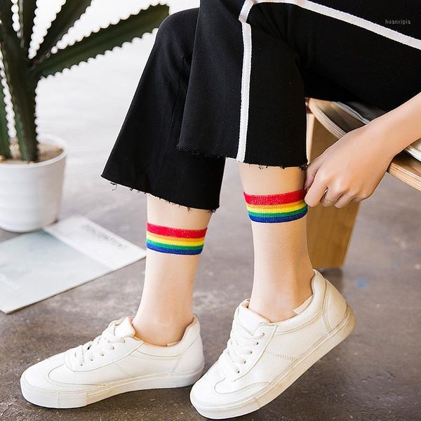 

fashion transparent rainbow stripe socks women summer thin socks1, Black;white
