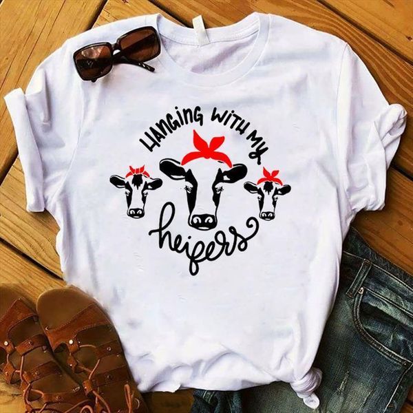 

women lady t shirt crazy heifers printed tshirt ladies short sleeve loose tee shirt women female clothes graphic t-shirt, White