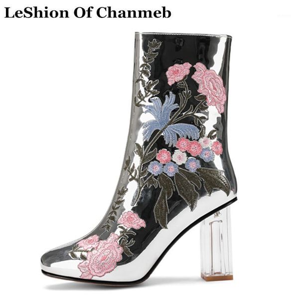 

ethnic embroidery flower boots women silver ankle boots larger size 43 44 45 clear heels winter shoes ladies transparent shoes1, Black