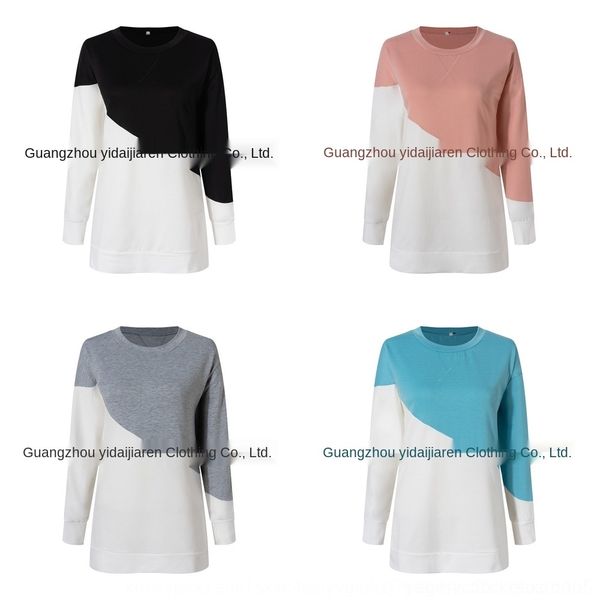 

hhpde 2020 color women's color matching contrast t-shirt sweater sleeve round neck long loose sweater t-shirt crfhy, White