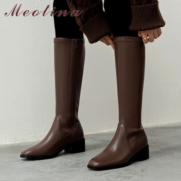 

boots meotina real leather mid heel riding long women shoes square toe thick heels zip knee high ladies autumn brown, Black