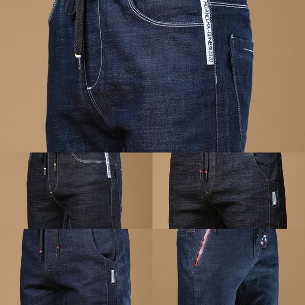 

autumn men's fashion br autumn and winter lace-up elastic waist pants men's casual jeans and jeans korean style fashion slim fit f, Blue