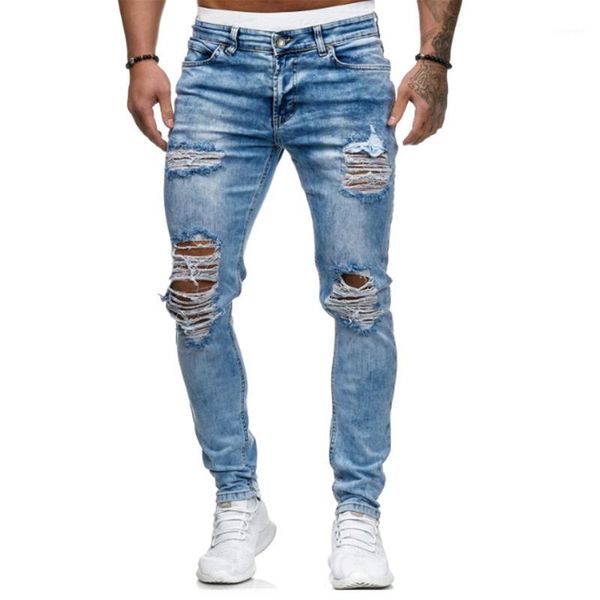 

dropshipping 2020 new fashion men's jeans pants casual hole sknny pencil jeans men water wash cotton stretch men clothing1, Blue
