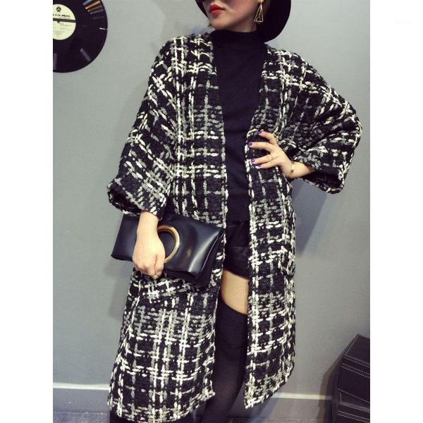 

fashion trend women's long woolen coat autumn and winter new houndstooth tweed straight windbreaker cardigan1, Tan;black