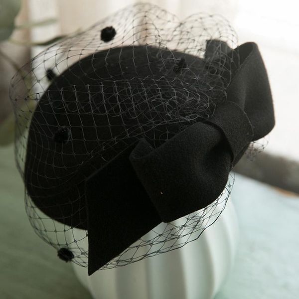 

2021 new retro french wool women beret winter felt hat with bow women fedoras cocktail formal dress hats fascinator hat, Blue;gray