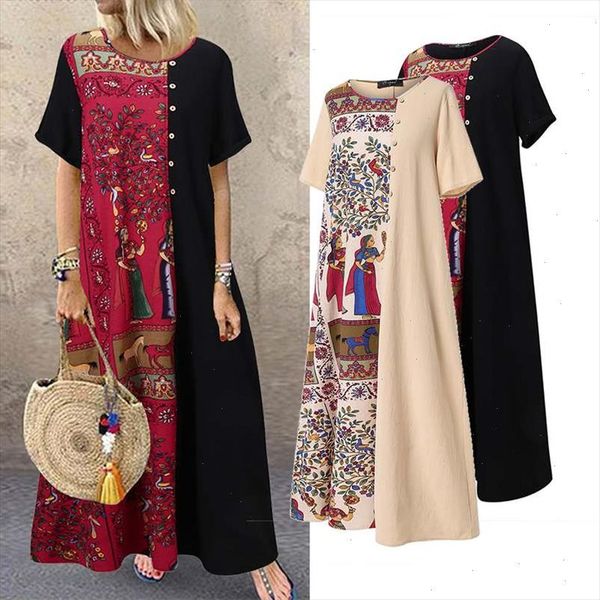 

women summer bohemian sundress cotton linen mid calf dress kaftan robe femme vintage floral printed patchwork dresses vestidos, Black;gray
