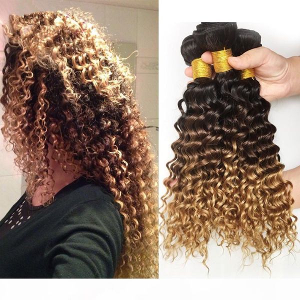 

1b 4 27 honey blonde ombre malaysian human hair weaves deep wave wavy 3 bundles lot three tone colored ombre hair wefts extensions, Black