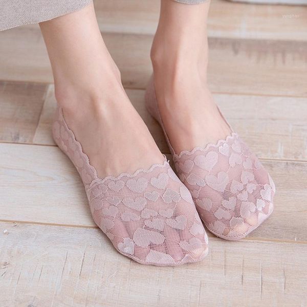 

fashion 2020 new mesh lace love heart socks women transparent high heels invisible anti-slip slippers socks1, Black;white