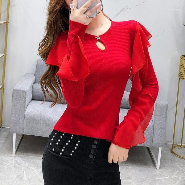 

early autumn knitted sweater ozhouzhan 2020 autumn clothing new style flounced long sleeve crew neck base shirt t-shirt female w1, White