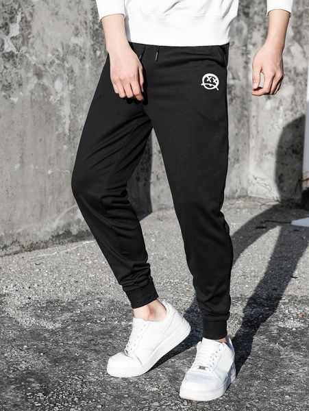 

men expression print drawstring waist sweatpants i29i#, Black