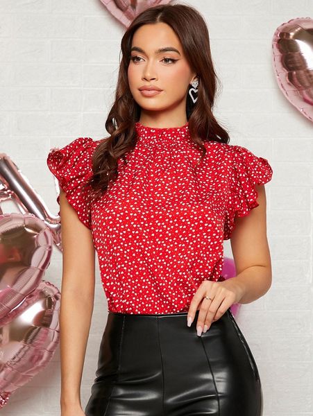 

heart print butterfly sleeve stand collar blouse 44b5#, White