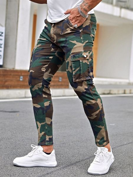 

men camo print flap pocket side cargo jeans 57qa#, Blue
