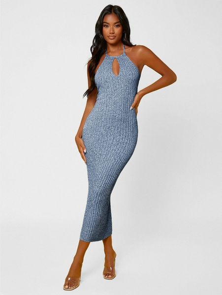 

sxy 1pc ribbed knit cut out backless halter sweater dress n5ah#, Black;gray