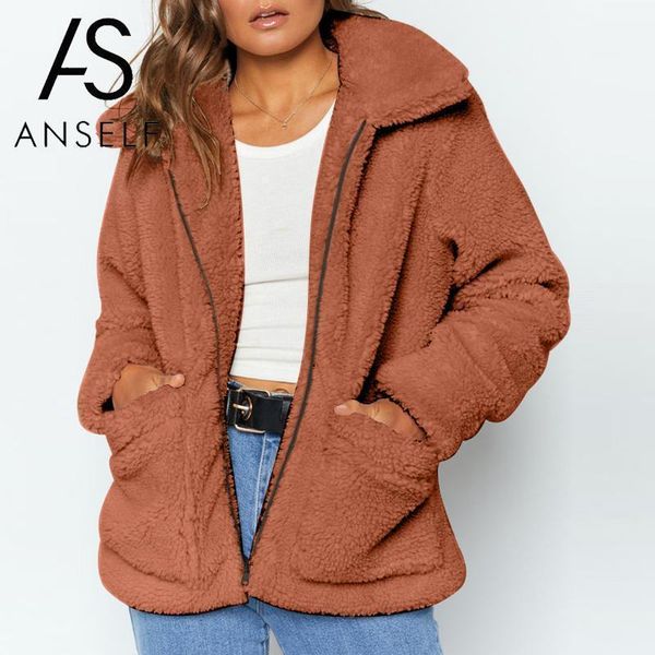 

anself elegant faux fur coat women teddy coat 2020 autumn winter warm zipper fur jacket female plush overcoat pocket outwear 3xl1, Black