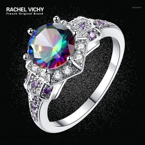 

wedding rings rachel vichy inlaid natural zircon ring gem good clarity for woman jewelry vintage colorful round r5681, Slivery;golden