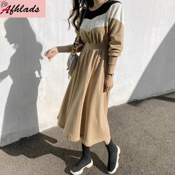 

spring and autumn new women's clothing korean style sweet dress stitching long sleeved round neck casual office lady vestidos, Black;gray