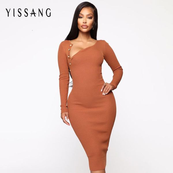 

yisang knitted sweater dress women split button o neck long sleeve bodycon midi dress female elegant autumn 20201, Black;gray