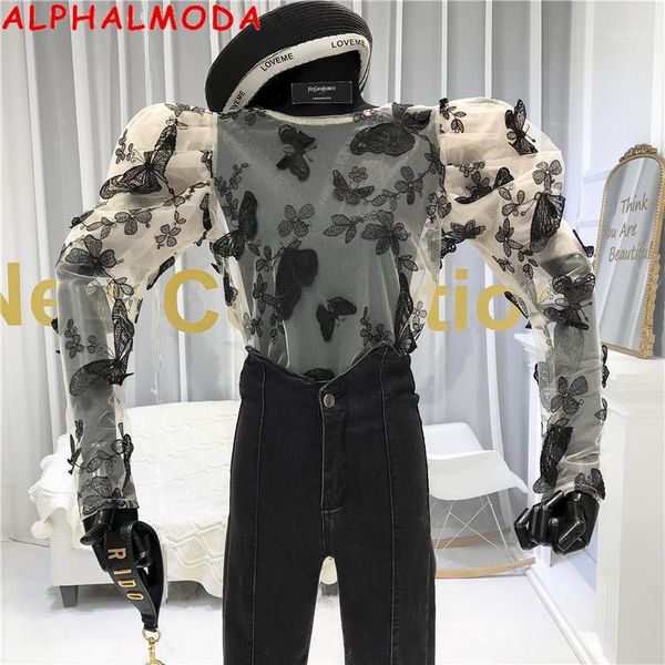 

women's blouses & shirts alphalmoda 2021 spring butterfly flower bubble sleeve perspective lace blouse stylish trendy embroidery organz, White