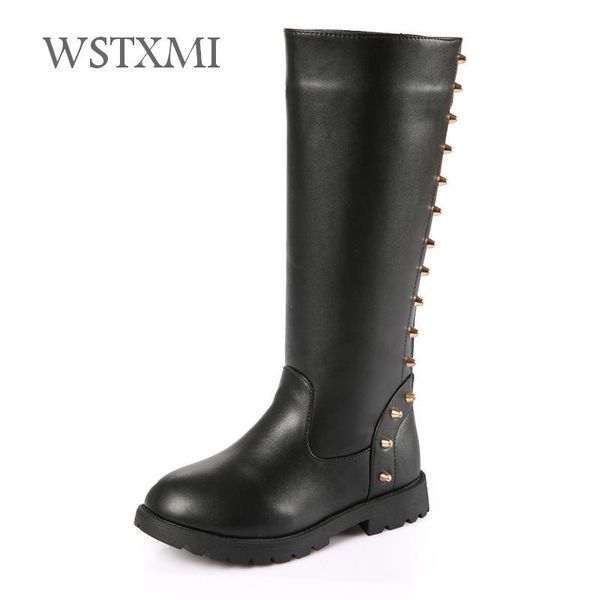 

2020 autumn winter girls leather boots for rivet fashion mid-calf boots kids fur shoes princess children rubber snow, Black;grey