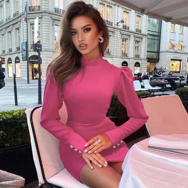 

2021 new fashion women pink round neck long sleeve bodycon bandage elegant designer bandage dress wholesale, Black;gray