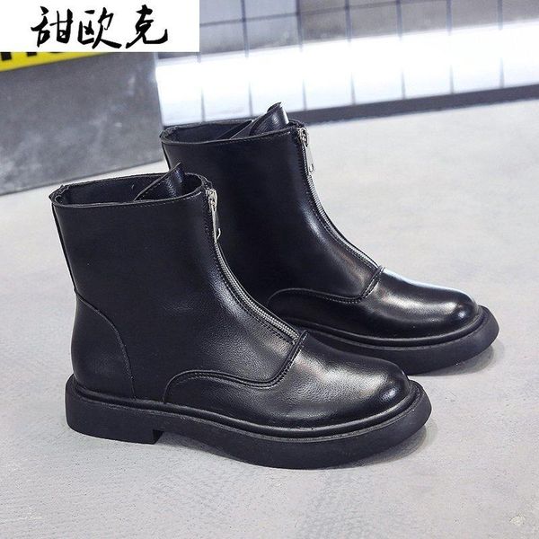 

autumn new style short boots british style round head student motorcycle boots flat zipper mid retro ankle, Black