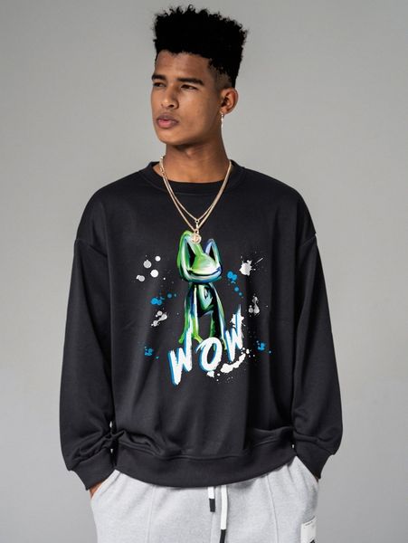 

men cartoon and letter graphic drop shoulder sweatshirt h2mk#, Black