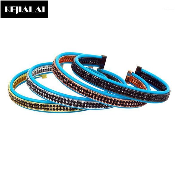 

men bangle fashion jewelry genuine blue leather with two lines black zircon adjustable open cuff for women gift1